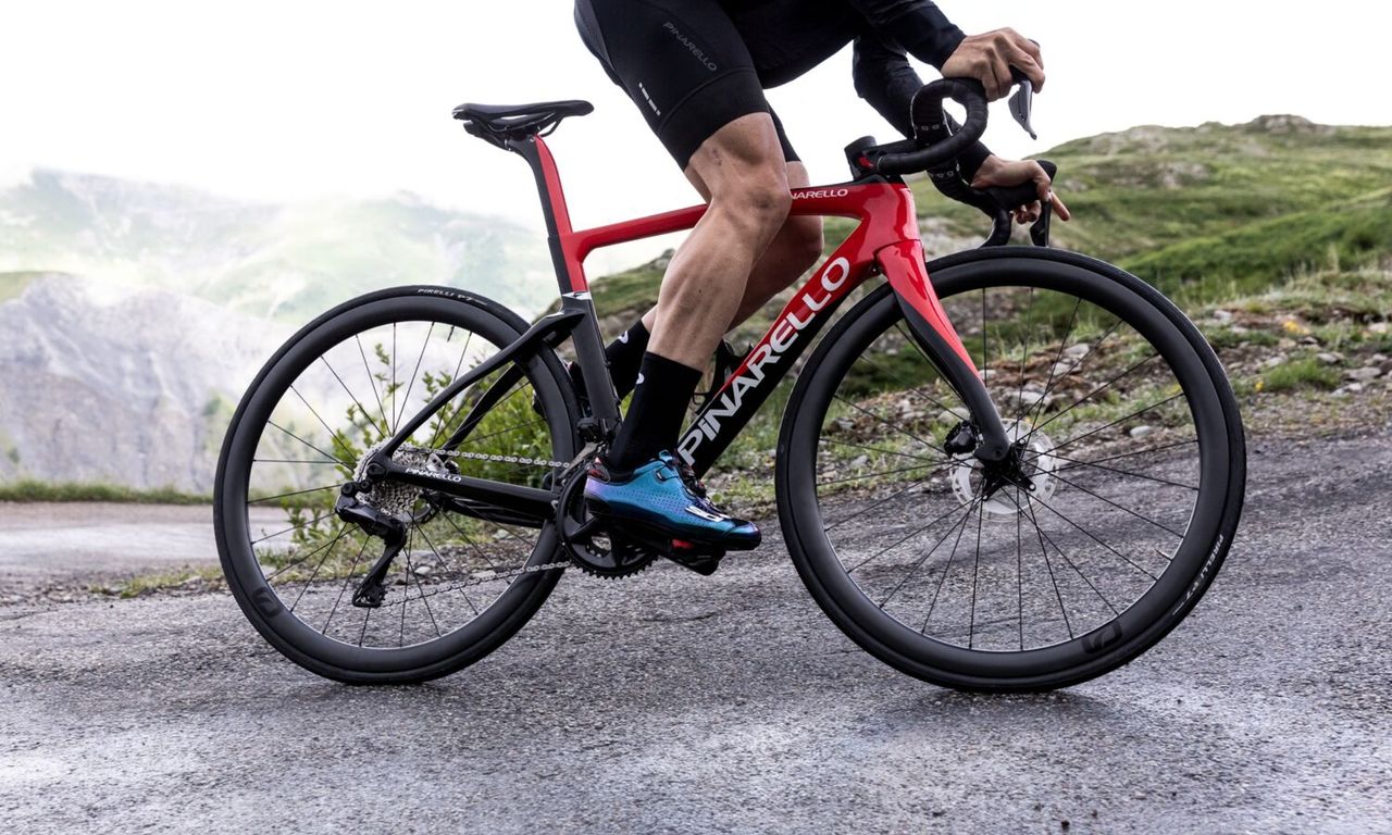 Image shows rider on the new Pinarello F road bike