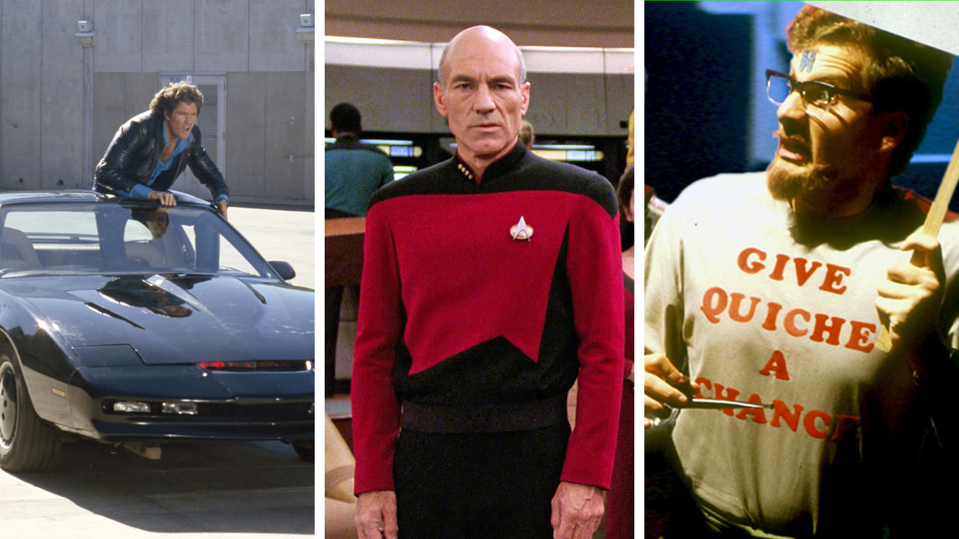 Split image showing a scene from three sci-fi shows: Knight Rider (Left), Star Trek: The Next Generation (Middle), and Red Dwarf (Right).