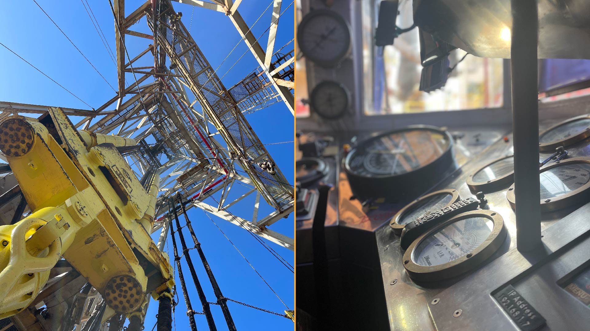 On the left, a large derrick tower. On the right, a ship control panel.