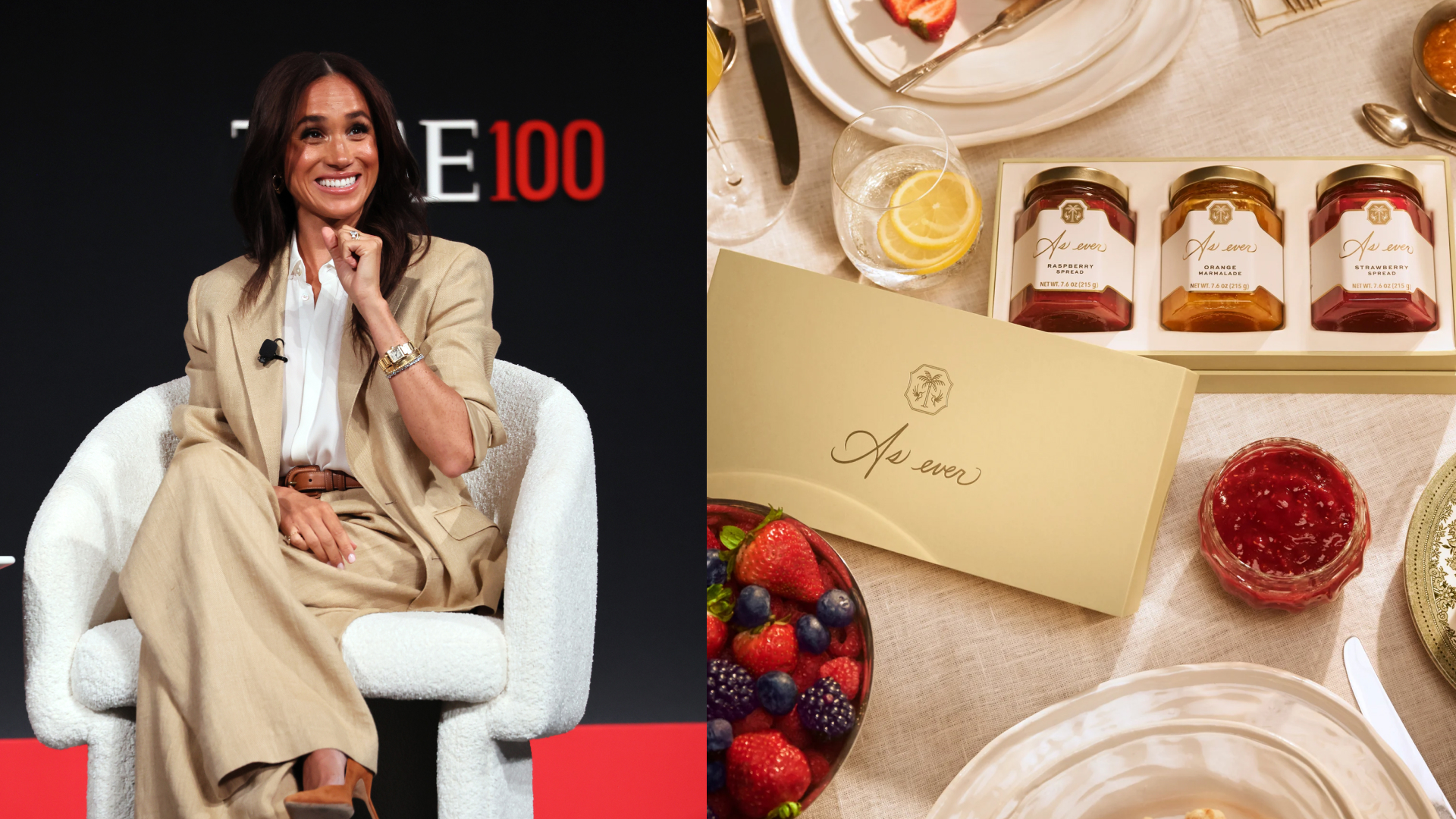 Meghan Markle wearing a tan suit/a table with plates and As ever spread