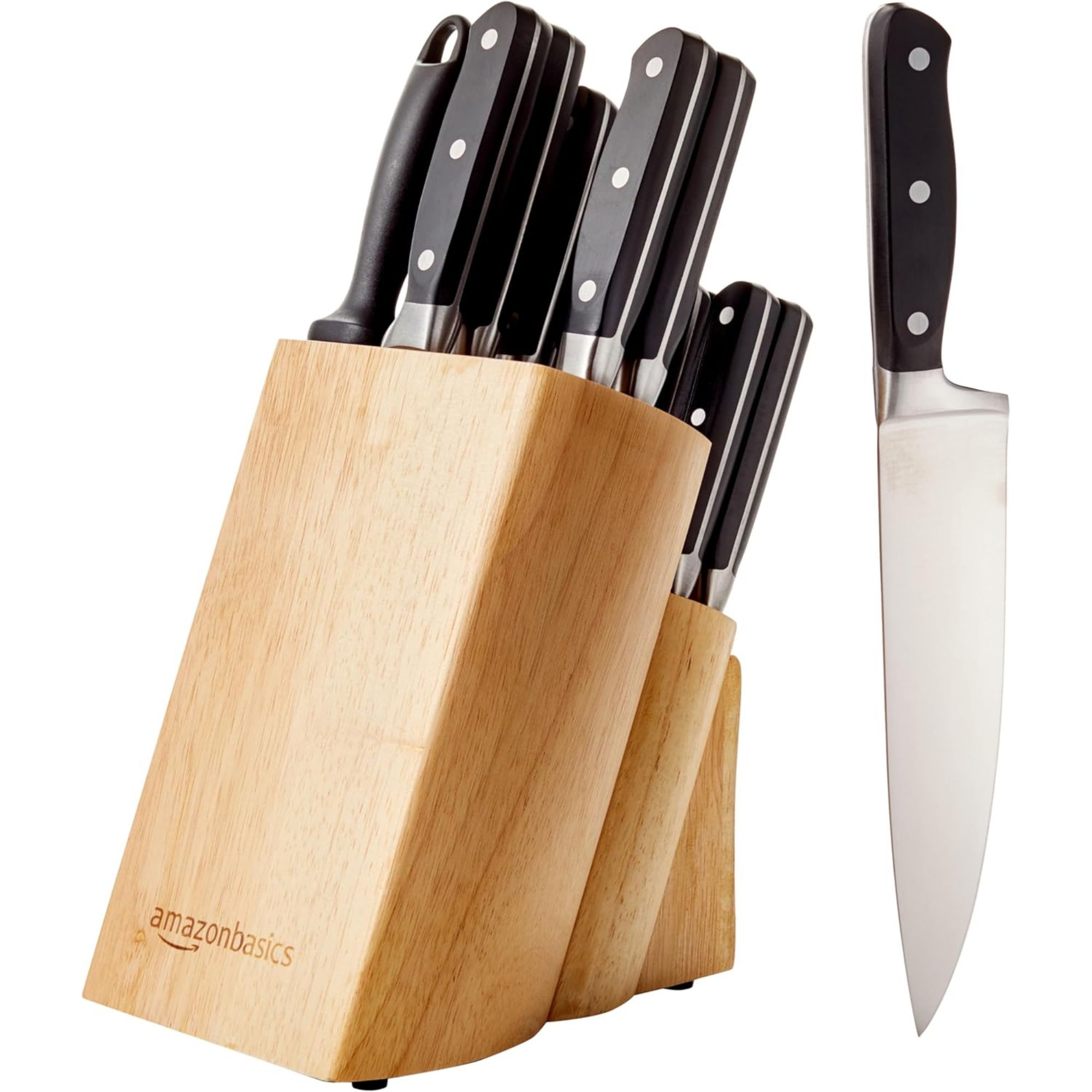 Amazon Basics 18 Pieces Premium High-Carbon Stainless Steel Blades with Pine Wood Knife Block Set
