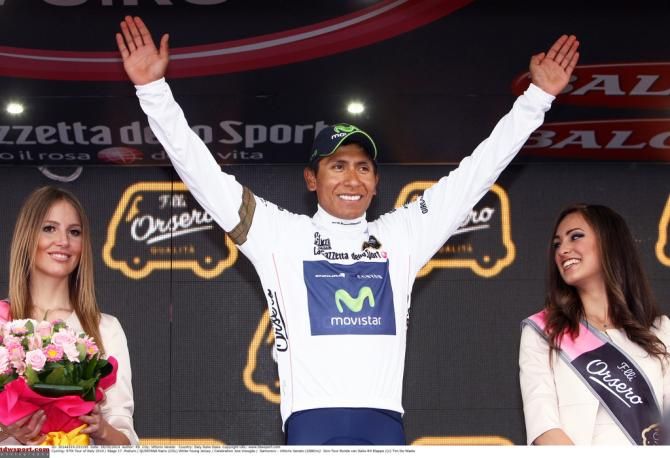 Nairo Quitana (Movistar) celebrates his maglia bianco