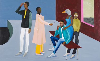 painting of Black figures talking, part of ‘The Time is Always Now: Artists Reframe the Black Figure’ at the National Portrait Gallery, London