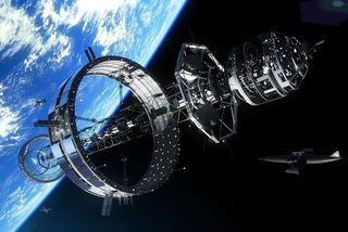 An artist's illustration depicts a future starship under construction in Earth orbit using a ring-type construction facility.