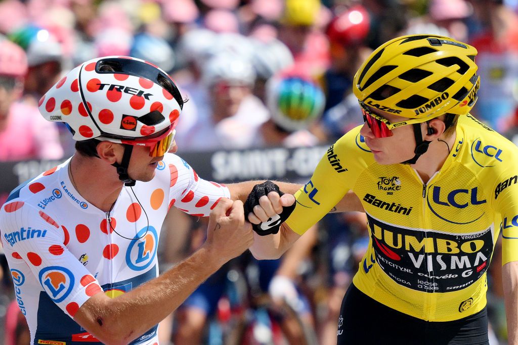 SAINTGERVAIS MONTBLANC FRANCE JULY 19 LR Giulio Ciccone of Italy and Team LidlTrek Polka Dot Mountain Jersey and Jonas Vingegaard of Denmark and Team JumboVisma Yellow Leader Jersey prior to the stage seventeen of the 110th Tour de France 2023 a 1657km at stage from SaintGervais MontBlanc to Courchevel UCIWT on July 19 2023 in SaintGervais MontBlanc France Photo by David RamosGetty Images