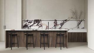 A kitchen island with marble veining
