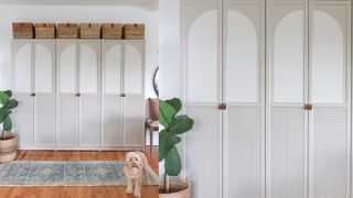 arched and fluted wall of storage cabinets with storage baskets on top