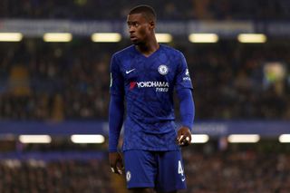 Marc Guehi of Chelsea seen in action during the Carabao Cup Round of 16 match between Chelsea and Manchester United at Stamford Bridge in London.