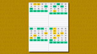 Quordle daily sequence answers for game 597 on a yellow background