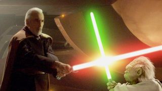 Yoda and Count Dooku lightsaber dueling in Attack of the Clones