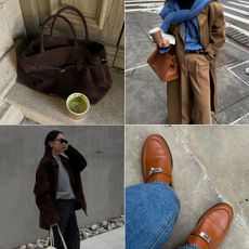 Woman on street wears beige waistcoat and beige trousers