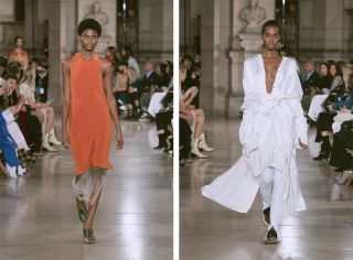 Models wear orange dress and green sandals, and white draped dress and trousers with black sandals