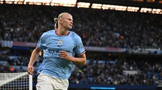 Wolves v Manchester City live stream | Manchester City's Norwegian striker Erling Haaland celebrates after scoring the opening goal of the English Premier League football match between Manchester City and Nottingham Forest at the Etihad Stadium in Manchester, north west England, on August 31, 2022.