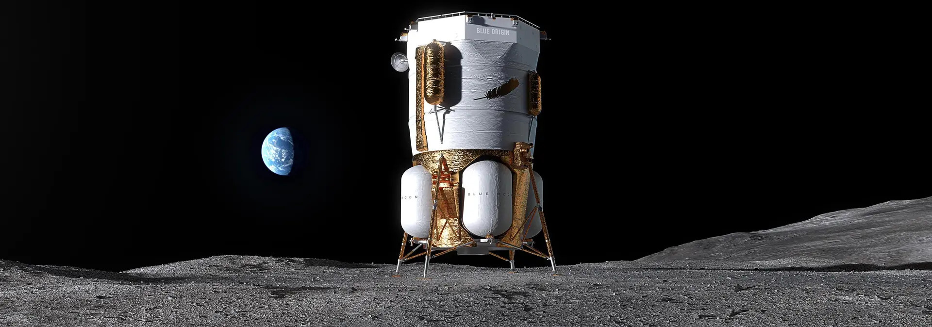 A white lunar lander with gold legs sits on the gray surface of the moon with the Earth in the background