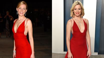 Elizabeth Banks wearing the same red dress in 2004 and 2020.