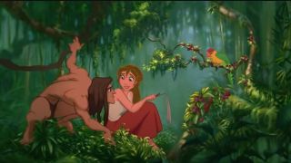 Tarzan sneaking up on Jane as she sketches birds in Tarzan