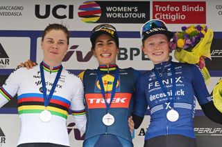 CITTIGLIO ITALY MARCH 17 LR Lotte Kopecky of Belgium and Team SD WorxProtime on second place race winner Elisa Balsamo of Italy and Team LidlTrek and Puck Pieterse of The Netherlands and Team FenixDeceuninck on third place pose on the podium ceremony after the 25th Trofeo Alfredo BindaComune di Cittiglio 2024 Womens Elite a 1405km one day race from Maccagno con Pino e Veddasca to Cittiglio UCIWWT on March 17 2024 in Cittiglio Italy Photo by Dario BelingheriGetty Images