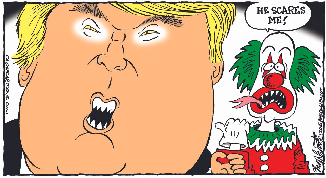 Editorial cartoon U.S. Creepy clown scared Donald Trump