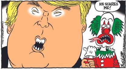 Editorial cartoon U.S. Creepy clown scared Donald Trump