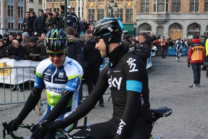Matt Goss and Bernhard Eisel share a quiet word before the Tour of Flanders.