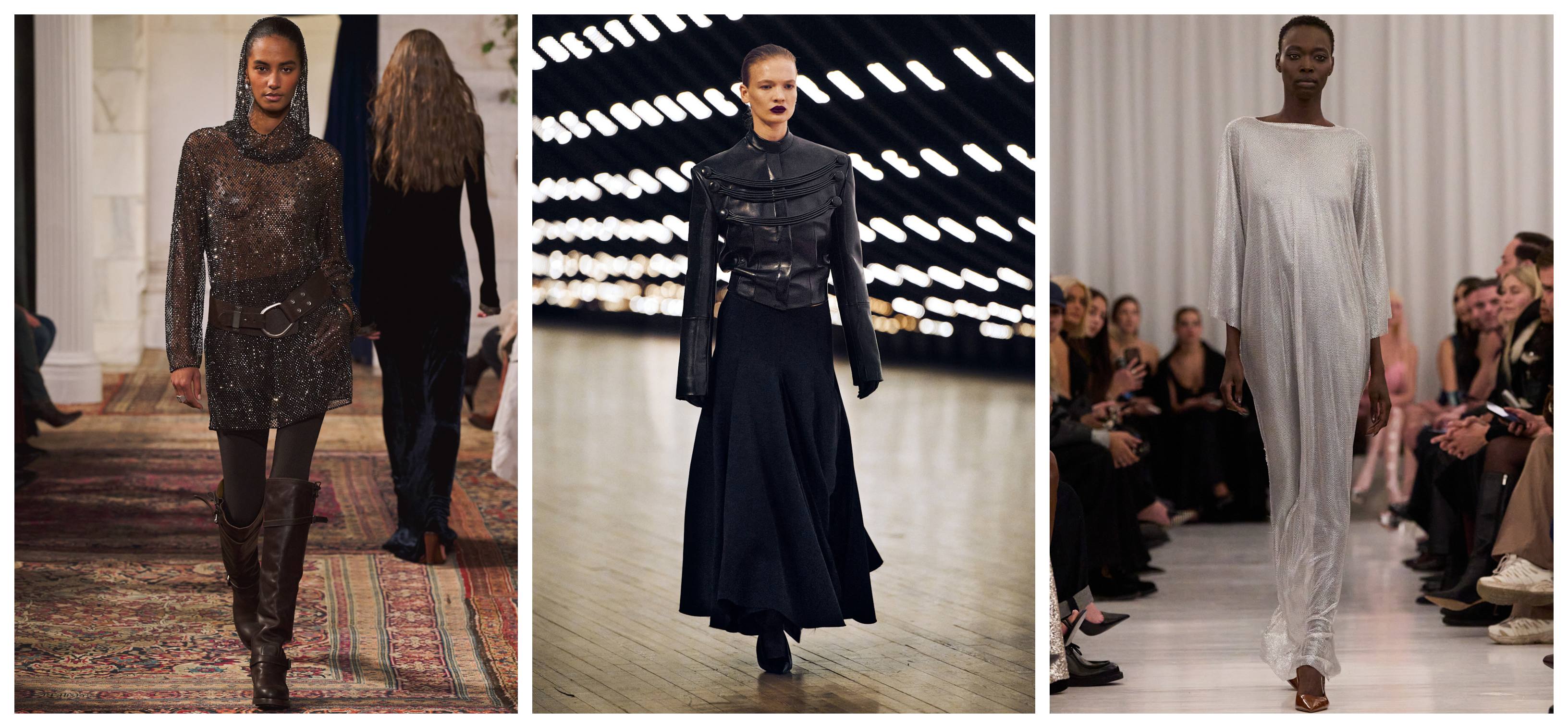 three models on the runways at Ralph Lauren, Khaite, and Christian Cowan