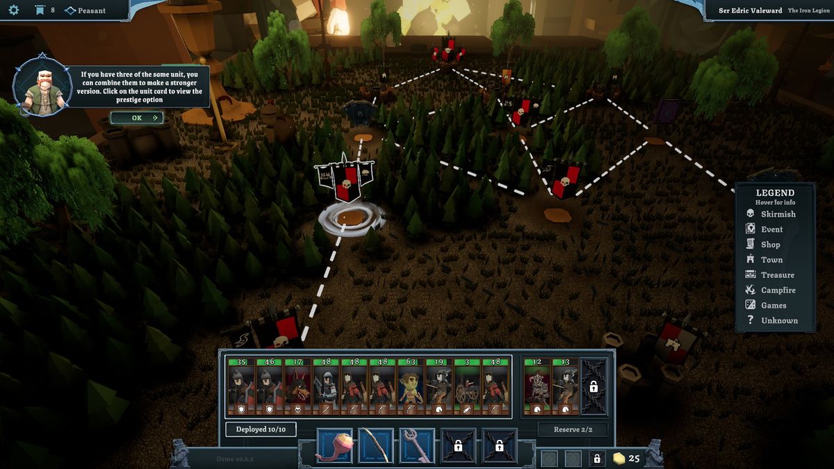 Various screenshots of the Tabletop Tavern demo, displaying mechanics and choices made in the roguelike RTS.
