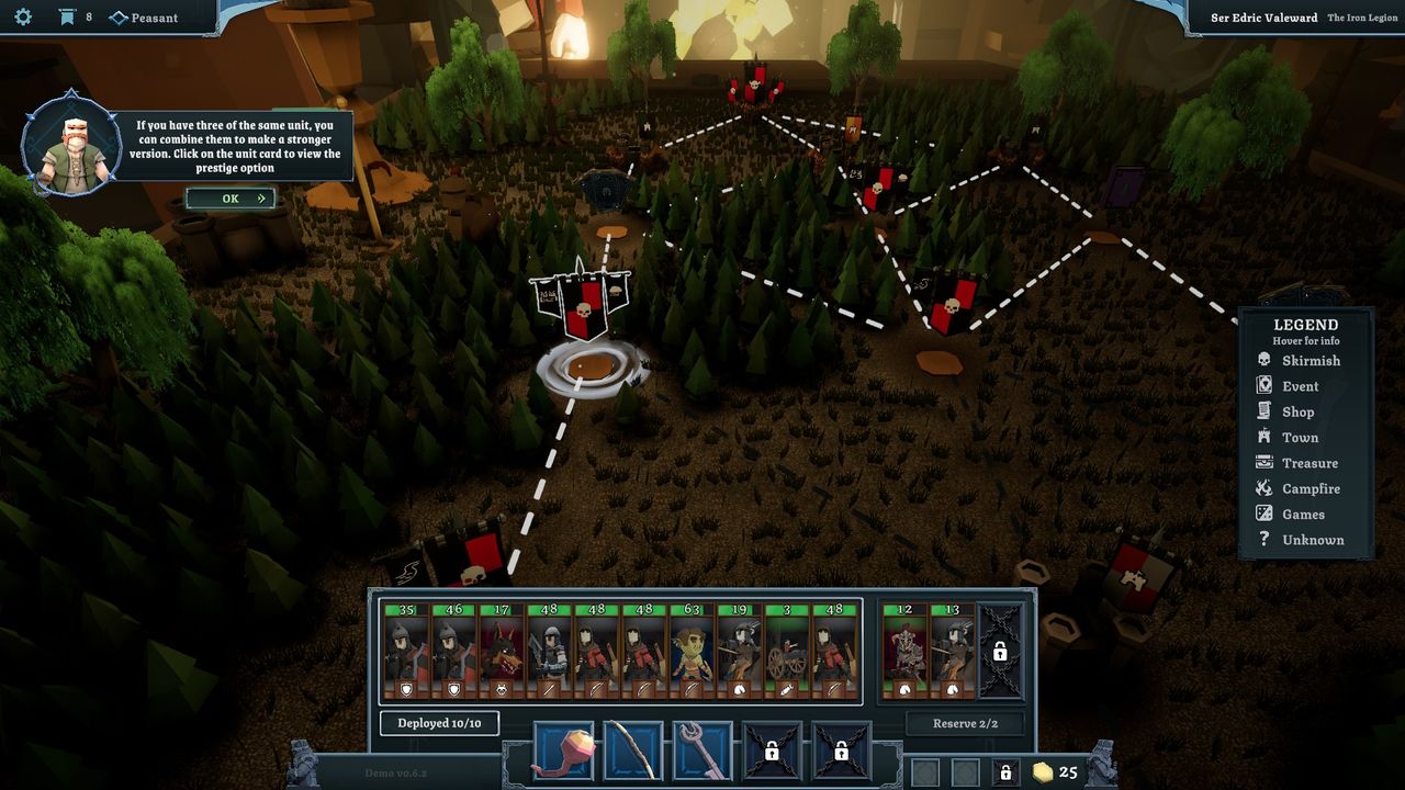 Various screenshots of the Tabletop Tavern demo, displaying mechanics and choices made in the roguelike RTS.