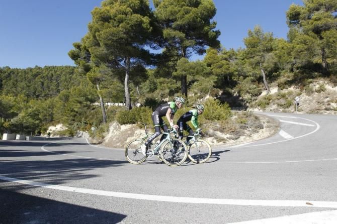 Robert Gesink (closest) rises out of the saddle as he takes on the Spanish hills