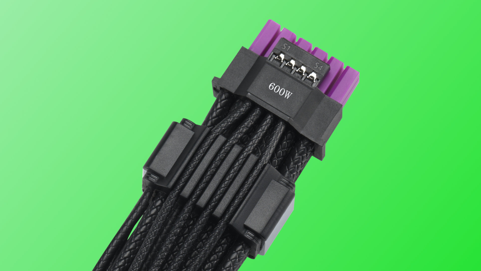 An image of the Asus ROG Equalizer 12V-2x6 power cable, against a gradient green background