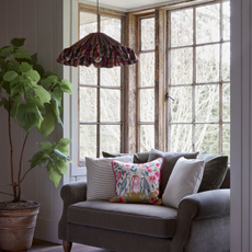 Dunelm check ruffle lampshade in a living room