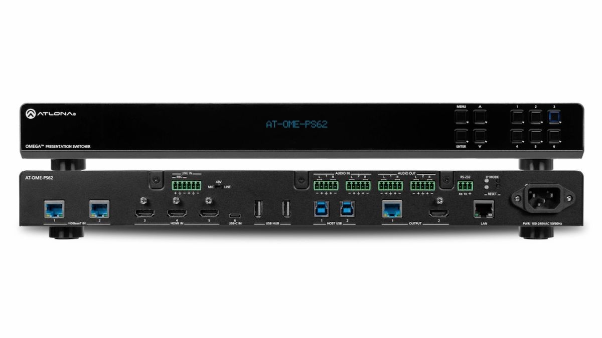 The Atlona AT-OME-PS62 is a 6x2 matrix presentation switcher featuring three HDMI inputs and two HDBaseT inputs alongside a USB-C AV input for direct, BYOD-friendly interfacing with the latest mobile devices and laptops.