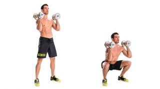 Man demonstrates two positions of the dumbbell front squat exercise