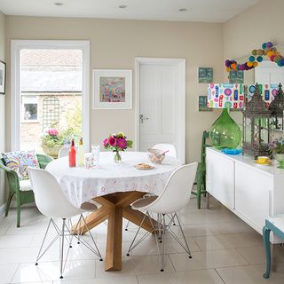 dining room with table and chair and fairy lights