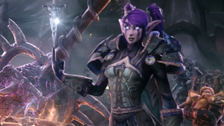 A night elven rogue from World of Warcraft: Cataclysm balances a dagger on her fingertip.