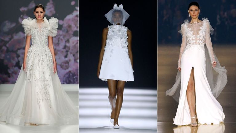 three women wearing various wedding dress trends 2022