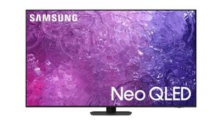 The Samsung QN90C TV displaying an abstract pink and purple pattern on a white background.