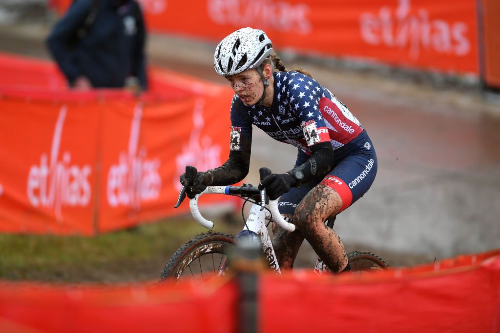 DENDERMONDE BELGIUM DECEMBER 26 Clara Honsinger of The United States and Team CannondaleCyclocrossworld competes during the 2nd Dendermonde UCI CycloCross Worldcup 2021 Womens Elite CXWorldCup UCIcyclocrossWC on December 26 2021 in Dendermonde Belgium Photo by Luc ClaessenGetty Images