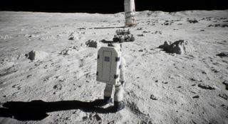 an astronaut in a spacesuit stands on the grey surface of the moon