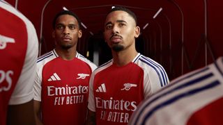 Jurrien Timber and Gabriel Jesus in the Arsenal 2024/25 home kit