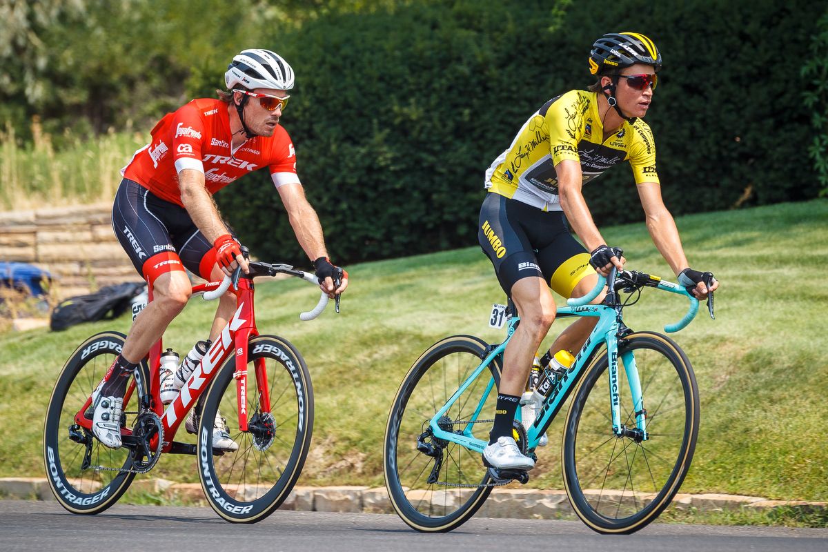 Sepp Kuss in yellow during stage 4 at the Tour of Utah