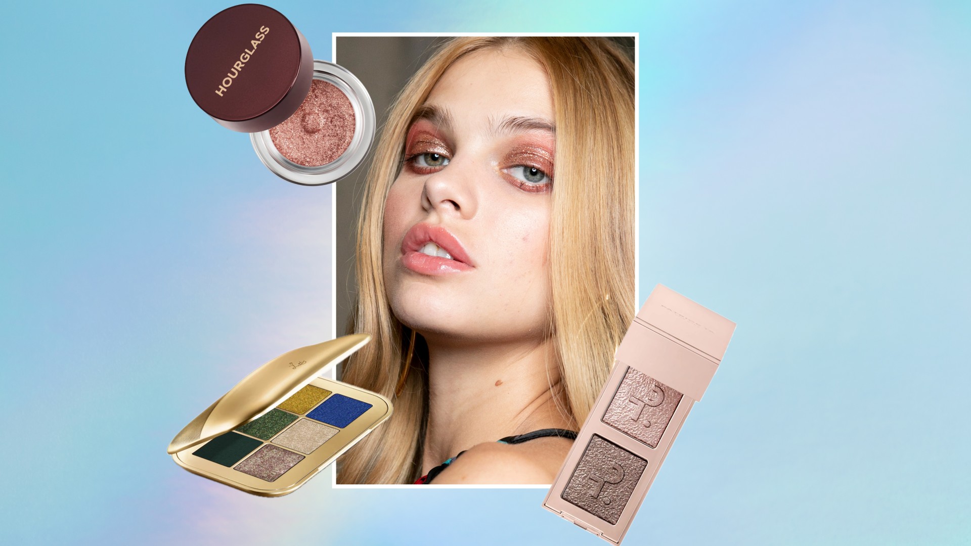 a collage of three different glitter eyeshadows next to a photo of a model wearing glitter eyeshadow