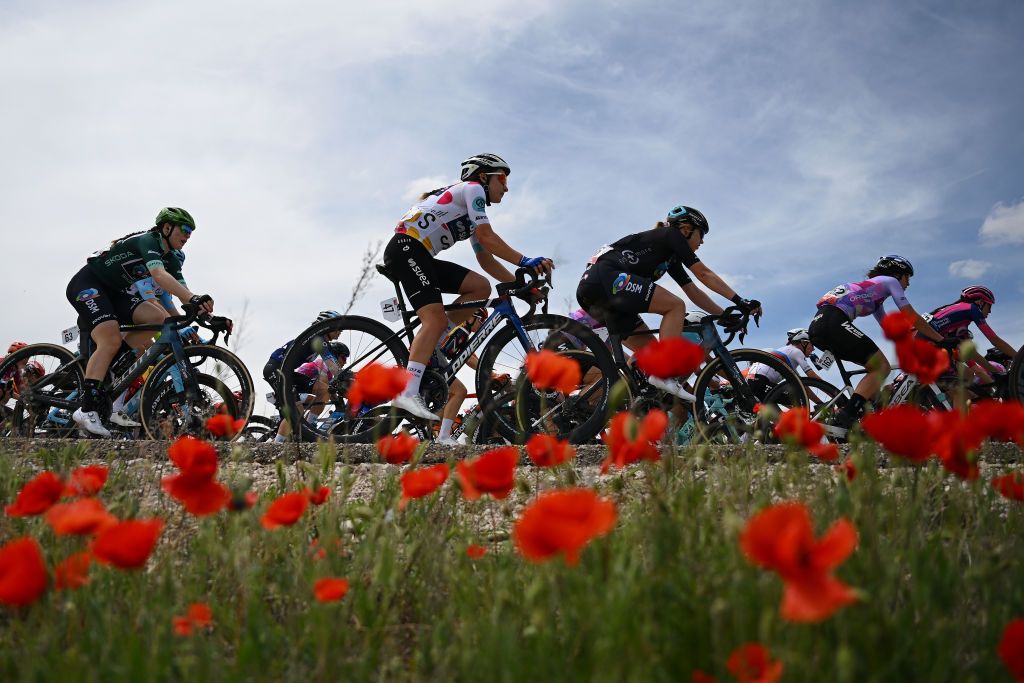 GUADALAJARA SPAIN MAY 04 LR Charlotte Kool of The Netherlands and Team DSM Green points jersey and Jade Wiel of France and Team FDJSuez Polka Dot Mountain Jersey compete during the 9th La Vuelta Femenina 2023 Stage 4 a 1331km stage from Cuenca to Guadalajara UCIWWT on May 04 2023 in Guadalajara Spain Photo by Dario BelingheriGetty Images