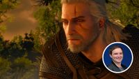 An image of Geralt looking sad, with a small circular inset headshot of Pawel Sasko.