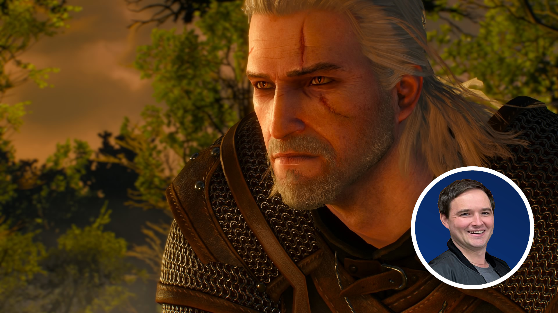 An image of Geralt looking sad, with a small circular inset headshot of Pawel Sasko.