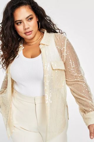 Nina Parker Trendy Plus Size Sequin Sheer-Sleeve Shirt 