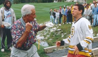 Happy Gilmore Bob Barker winds up to punch out Happy on the golf course