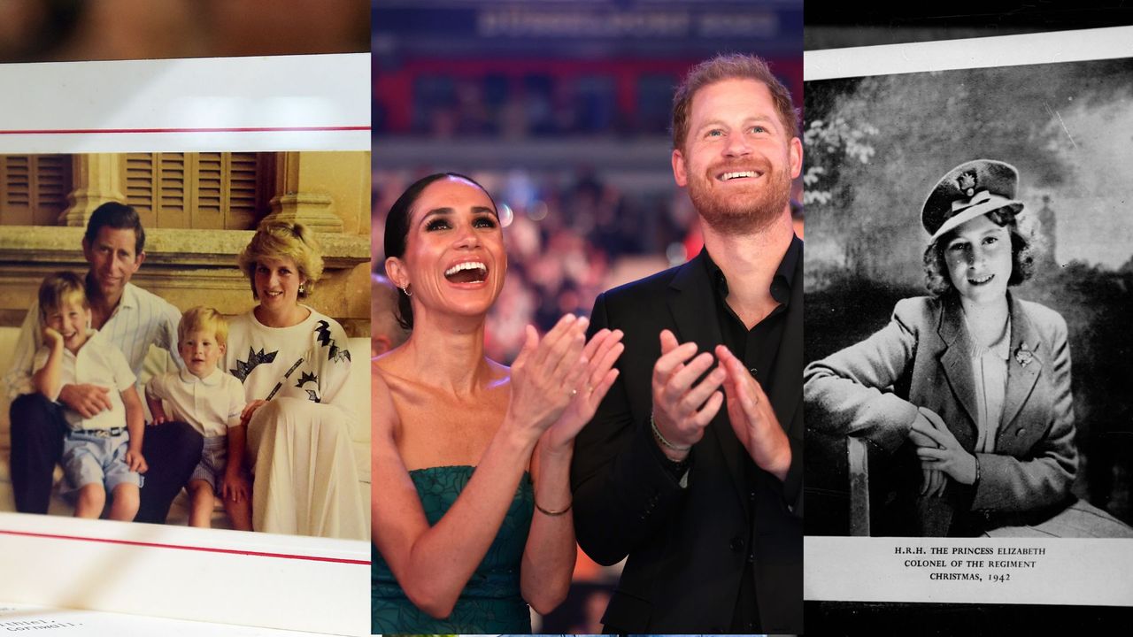 Royal family Christmas portraits composite of a young then Prince Charles, Princess Diana and Princes William and Harry as boys; a candid photo of Meghan Markle and Prince Harry smiling and clapping; and a Christmas card of a teenaged Princess Elizabeth before she became Queen