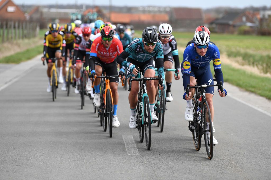 WEVELGEM BELGIUM MARCH 28 Jeremy Lecroq of France and Team BB Hotels PB KTM Sam Bennett of Ireland and Team Deceuninck QuickStep during the 83rd GentWevelgem in Flanders Fields 2021 Mens Elite a 254km race from Ypres to Wevelgem Breakaway GWE21 GWEmen FlandersClassic on March 28 2021 in Wevelgem Belgium Photo by Tim de WaeleGetty Images