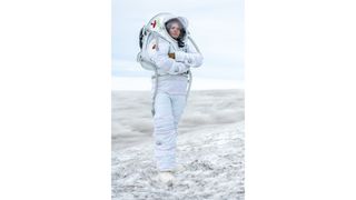 Icelandic geologist Helga Kristín wearing the MS1 Mars analog spacesuit.
