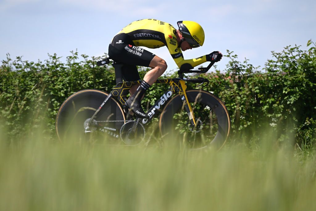 NEULISE FRANCE JUNE 05 Sepp Kuss of The United States and Team Visma Lease a Bike sprints during the 76th Criterium du Dauphine 2024 Stage 4 a 344km individual time trial at stage from SaintGermainLaval to Neulise 552m UCIWT on June 05 2024 in Neulise France Photo by Dario BelingheriGetty Images